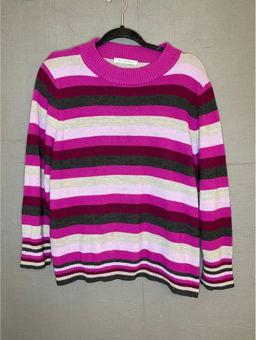 Allison Daley Women's Striped Knit Crewneck Sweater Purple Grey